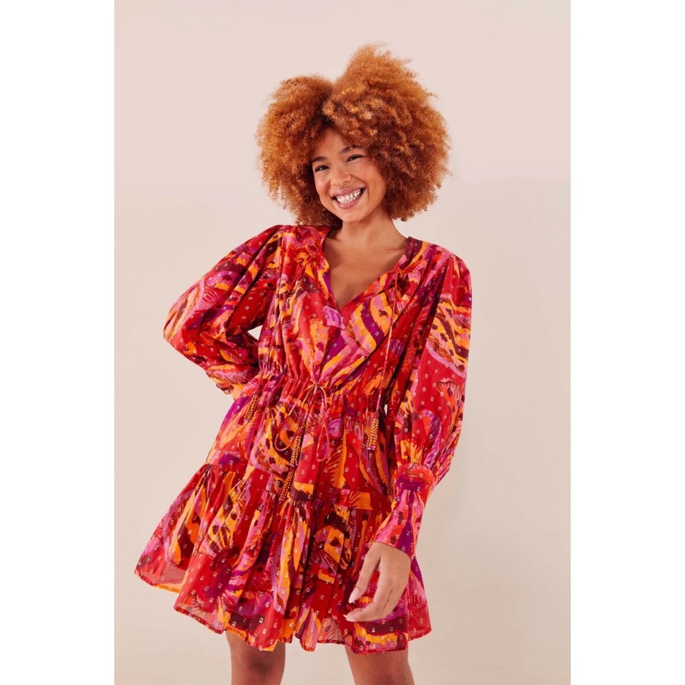 Farm Rio Red Banana Metallic Long Sleeve Mini Dress NWT M L - Picture 10 of 12